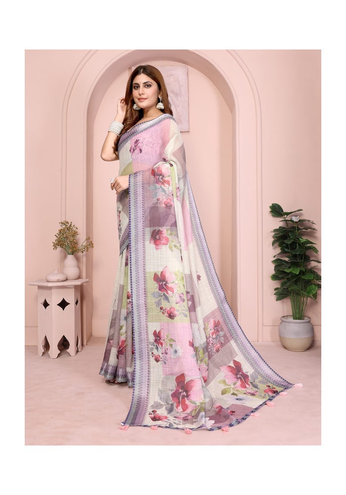 Malishka Export Linen Cotton Digital Print Saree in Lavender - Image 3